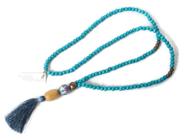 Mala style necklace, Wood necklace, Necklace with tassel, Boho necklace, Turquoise necklace, Hippie chic necklace, Summer necklace, Liberty