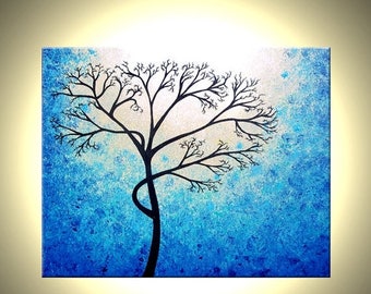 Original Abstract Tree Painting, TEXTURED Cherry Blossom, Blue Tree, Abstract BLUE White Tree Painting, Palette Knife Art 30x24" Lafferty