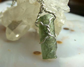 Moldavite necklace pendant - Sterling Silver crystal wire wrap small green stone specimen genuine - Czechoslovakia crystal mineral M71B
