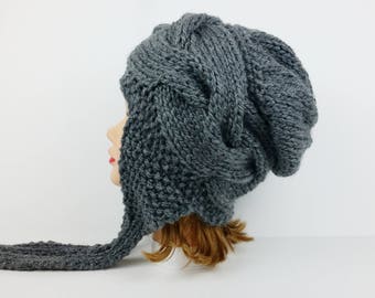 Ear Flap Hat - Cable Knit Hat - Charcoal Gray Hat - Slouchy Beanie with Ear Flaps - Women's Ear Flap Hat - Chunky Beanie