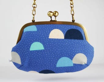 Metal frame purse with shoulder strap - Pikku Saari Saaristo in blue and green - Swing purse / Japanese fabric / gray navy white mint