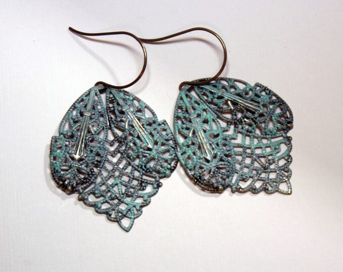 Boho Filigree Brass Earrings Turquoise Earrings Patina Earthy Rustic Woodland Filigree Dangle Boho Brass Bohemian Earrings Jewelry