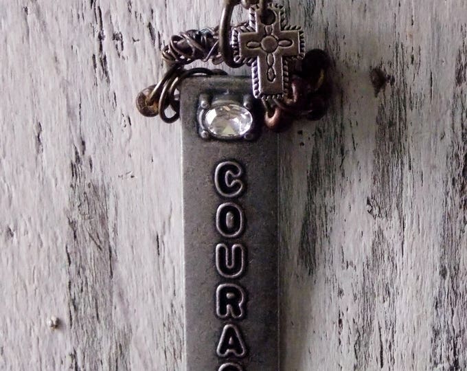 Courage Stamped Pendant Necklace, Antique Silver Necklace, Rhinestone, Dagger Style Necklace, Rustic Woodland Jewelry