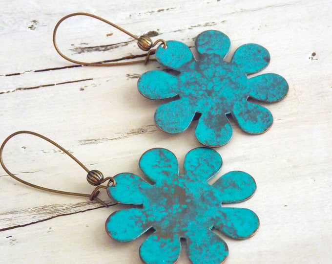 Verdigris Patina Brass Flower Earrings-Textured Blue Dangle Drop Bohemian Earrings -Daisy Earrings-Boho Earrings-Rustic Woodland Earrings