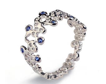 SALE 20% Off - LACE Ring, White Gold Blue Sapphire Wedding Band, Dainty Gold Ring, White Gold Sapphire Ring, White Gold Blue Sapphire Band