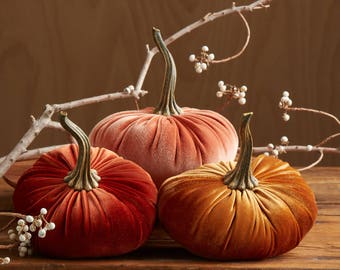 LARGE Scented Velvet Pumpkins, SET of 3: Copper, Rust, Harvest Orange