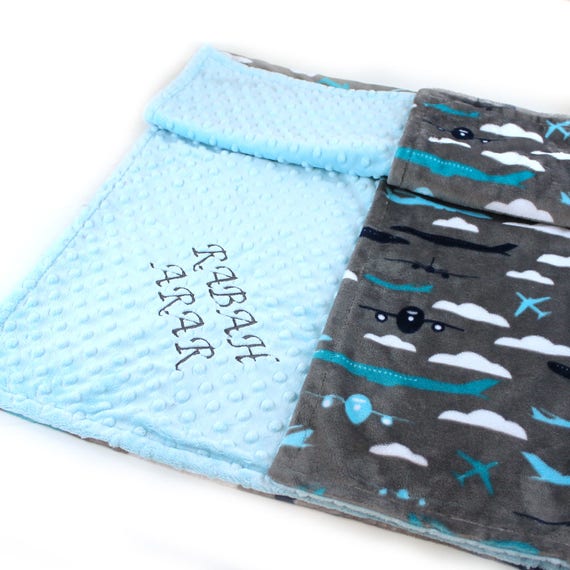 Minky Baby Blanket/ Personalized Baby Blanket / Blue Gray Airplane, Teal Aqua // Plane baby blanket // Name Blanket / Baby Shower Gift