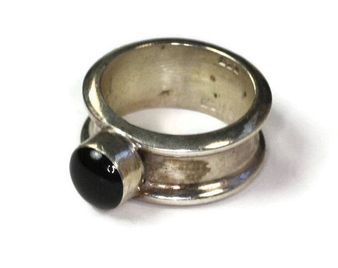 Black Cabochon Sterling Ring Modernist Style Mexico Size 7 Vintage