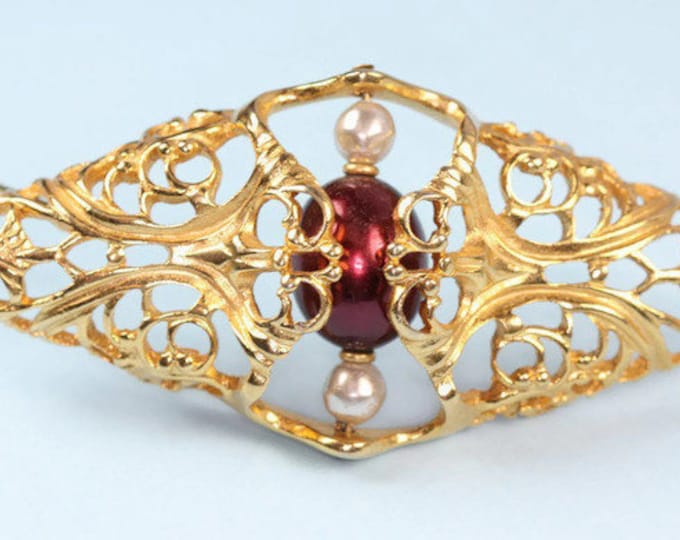 Napier Faux Pearl Filigree Brooch Diamond Shaped Burgundy Pearl Book Piece 1985 Chunky Bold