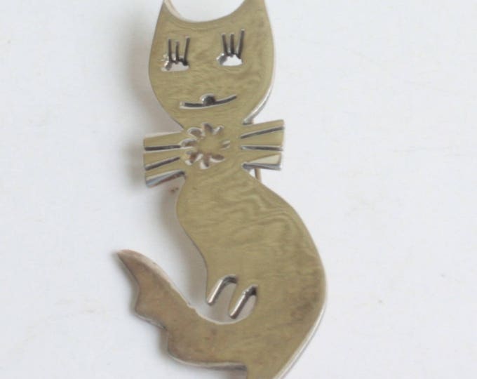 Smiling Cat with Bow Tie Brooch Sterling Silver Cut Out Design Curled Tail Taxco Mexico Signed