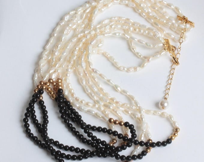 Freshwater Rice Pearl Black Bead Necklace Multi Strand Vintage