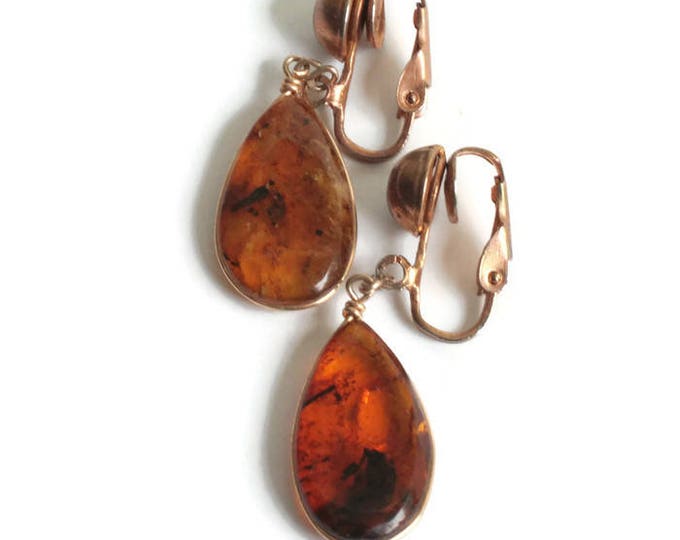 Vintage Amber Drop Dangle Earrings Clip On