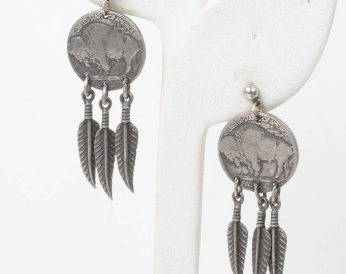 Buffalo Nickel Style Earrings Feather Dangles Simulated Coin Jewelry Silver Tone Vintage