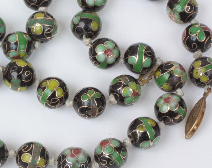 Green and Black Cloisonne Bead Necklace Porcelain Beads Vintage