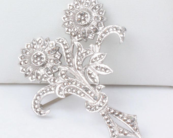 Marcasite Sterling Flower Brooch Double Blossoms Vintage