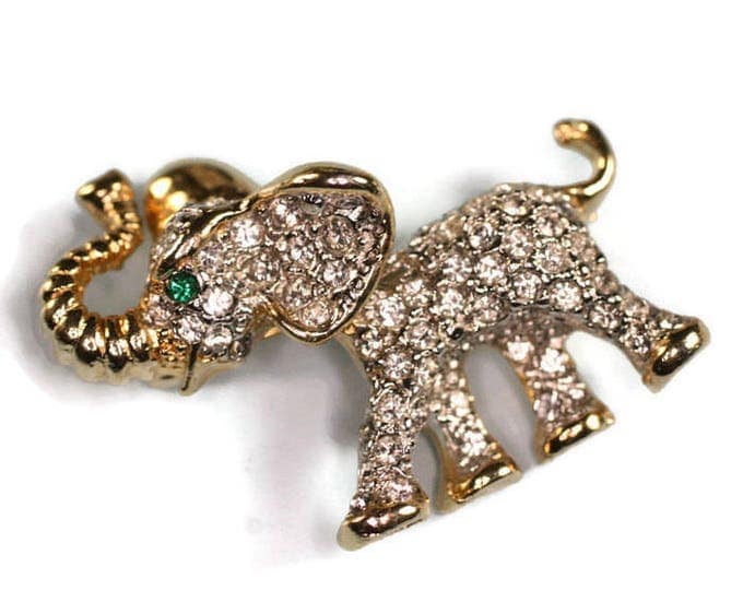 Rhinestone Crystal Elephant Pin Brooch Trunk Up Lucky Elephant Clear Diamante Vintage