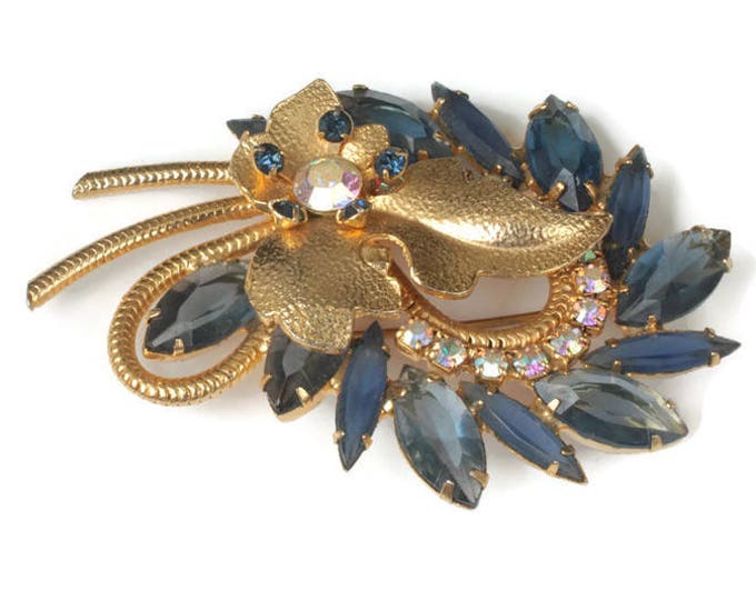 Juliana D and E Blue Rhinestone Brooch Gold Leaf Accent Wide and Narrow Navettes Book Piece 1962
