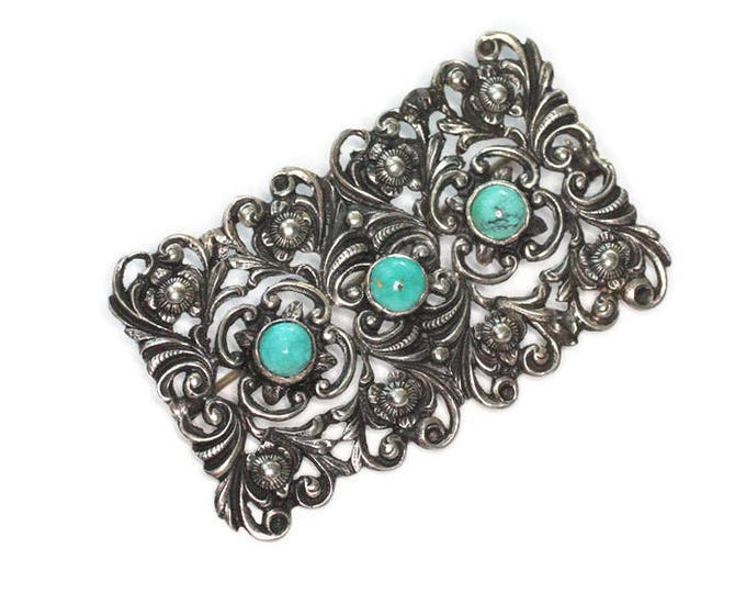 835 Silver Open Work Repousse Brooch Turquoise Cabochons Art Deco Era Signed Vintage