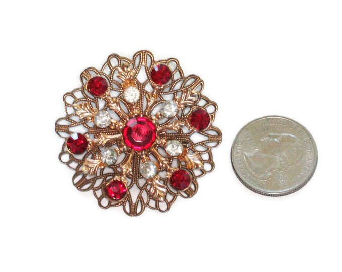 Red and Clear Rhinestone Filigree Brooch Gold Tone Atomic Style Vintage