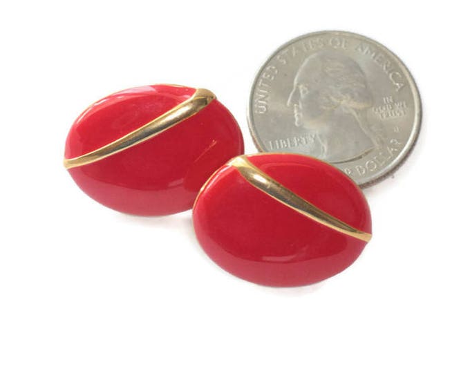 Red Enamel Earrings Gold Tone Accent Oval Shape Clip On Earrings