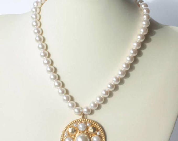 Long Faux Pearl Necklace with Chunky Medallion Pendant 36 Inch Necklace