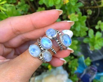 Rainbow Moonstone Ring, Sterling Silver Ring, Crystal Ring, Gemstone, Bohemian, Boho, Gypsy, Hippie, Witch, Energy, Reiki, size 7 Ring