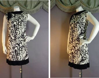 60s dress 1960s vintage BLACK WHITE NYLON jersey graphic print swirl mod dress