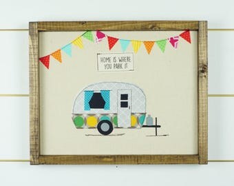 travel trailer decor, framed picture, happy camper sign, camper wall art, framed art, camping decor, wood signs, wall hanging, happy camper