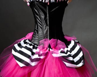 Custom size Hot pink black and white striped Burlesque Corset Dress