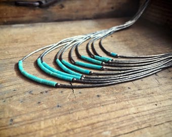 Vintage 10-strand "liquid silver" and turquoise heishi necklace, 1970s Native American jewelry, turquoise jewelry, bohemian hippie necklace
