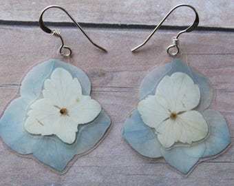 Blue Layered Hydrangea Earrings - Real Pressed Flower Earrings - Real Hydrangea Jewelry - Sterling Silver Earrings - Pressed Hydrangeas