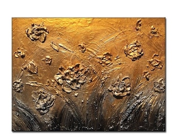 Original Textured palette knife metallic flowers Abstract Painting by Henry Parsinia 24x18