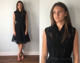 1950s Black Dress, Vintage Black Dress, Fine Cotton Lace Dress, Vintage Cocktail Dress, Black Cocktail Dress, 1950s Dress