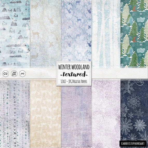 Winter Digital Paper, Winter Woodland Wonderland, Christmas Digital Scrapbook, Mountains, Deers, Snowflake Background Paper, JPG Download Il_570xn