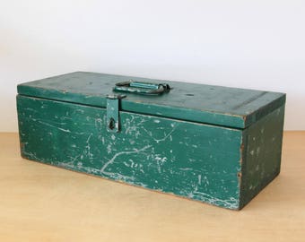 Vintage Green Handmade Wooden Tool Box with hinged lid