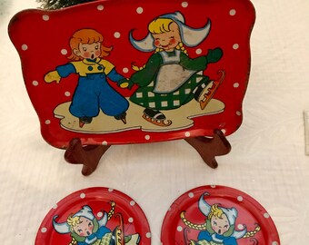 Antique Tin Ohio Art Toy Co. Tea Set 1950s Dutch Winter Wonderland - 3 pieces - Adorable HTF - Red with Skaters