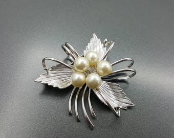 High Style Pearl Brooch Silver tone Mid Century Modern