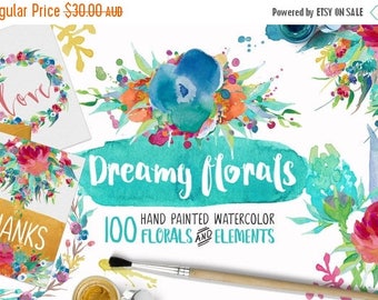 80% Off SALE Dreamy Florals Watercolor Clipart Bundle - Hand Painted flowers, leaves, wreath, and more