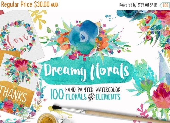80% Off SALE Dreamy Florals Watercolor Clipart Bundle - Hand Painted flowers, leaves, wreath, and more