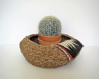 Vintage woven basket/ large round basket/ rolled top basket/boho decor/plant container