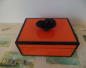 Mid Century Style Color Block Black Orange High Gloss Lacquer Box with Rose Knob