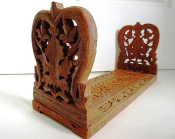 Hand Carved Wood Adjustable Folding Book Rack, Vintage India