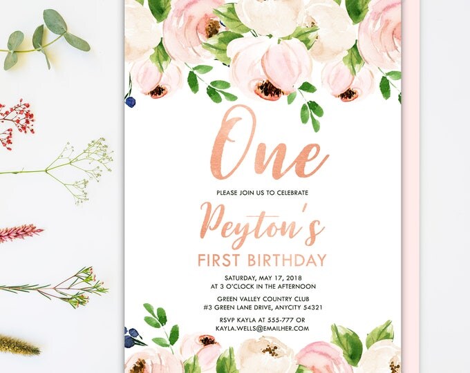 Blush Pink Flowers and Rose gold Birthday Party Invitation, Floral First Birthday Party Invitation, Floral Birthday Printable Invitation