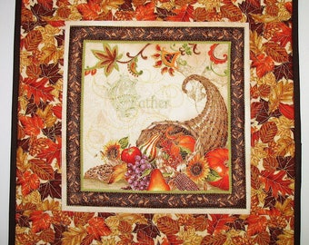 Fall Table Topper, Thanksgiving, handmade, quilted, fall leaves, owl, Wall hanging