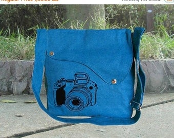 On Sale 20% off Screenprinted blue cotton canvas messenger bag, shoulder bag, travel bag, canvas diaper bag