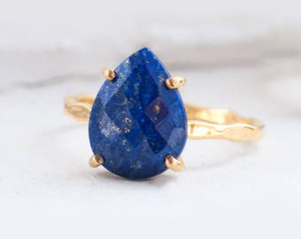 Blue Lapis Lazuli Ring Gold, September Birthstone Ring, Gemstone Ring, Stacking Ring, Tear Drop Ring, Blue Stone Ring, Statement Ring