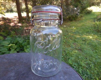 Vintage 1920s to 1940s Clear Glass Ball Ideal Canning Jar Rusty Wire Bail Embossed Farmhouse Country Home Storage