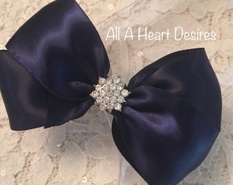 Hair Bow, Navy Satin with Rhinestone Center, Navy Blue Flower Girl Hair Bow, Hair Bow, Navy Satin Pageant Bow, Christmas Hair Bow