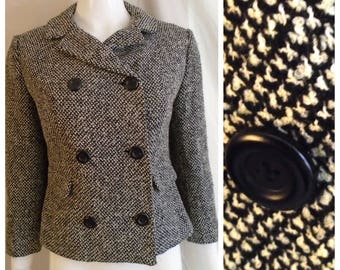 Vintage 1960s Jacket Black and White Tweed Double Breasted Suit Jacket Jackie O Medium