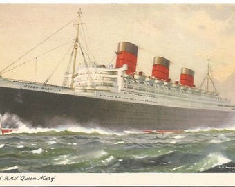 The Queen Mary Sailing On Voyage Historic Luxury Line Artist Signed C. E. Turner 1950's Vintage Postcard Ephemera Vintage Paper
